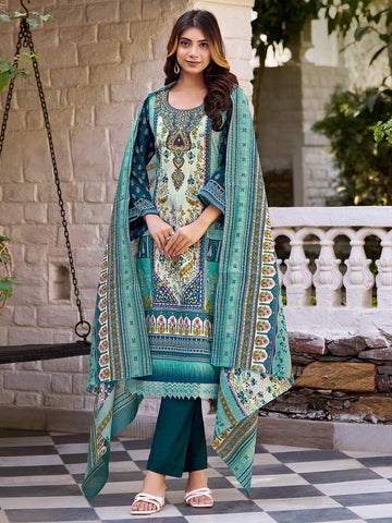 Varanga Women Ethnic Floral Mirror Embroidered Pakistani Kurta With Trouser & Dupatta